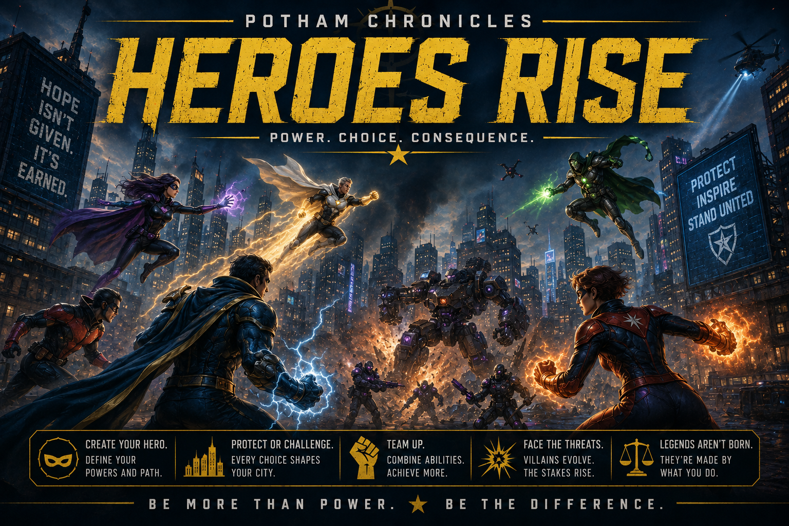 Heroes Rise superhero-themed concept artwork